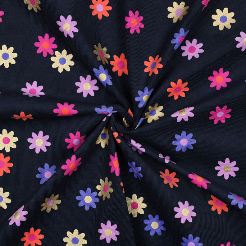 Babymanchester blommor med glittertryck | Poppy Fabrics – marinblå,  image number 3