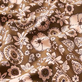 Bomullstyg Kretong Retroblommor – oliv/rose, 