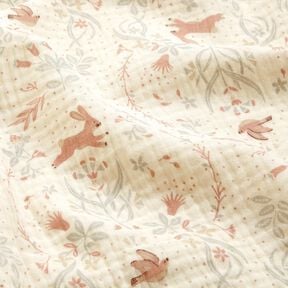Muslin/Dubbel-krinkelväv fågel och kanin i blomsterträdgården – yllevit, 