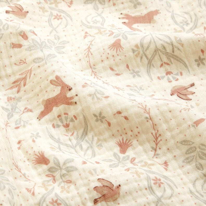 Muslin/Dubbel-krinkelväv fågel och kanin i blomsterträdgården – yllevit, image number 2