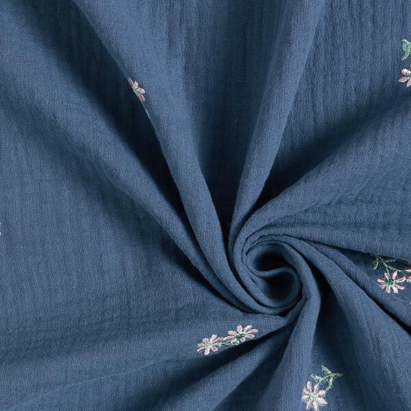 Muslin/Dubbel-krinkelväv broderade småblommor – jeansblå, image number 3