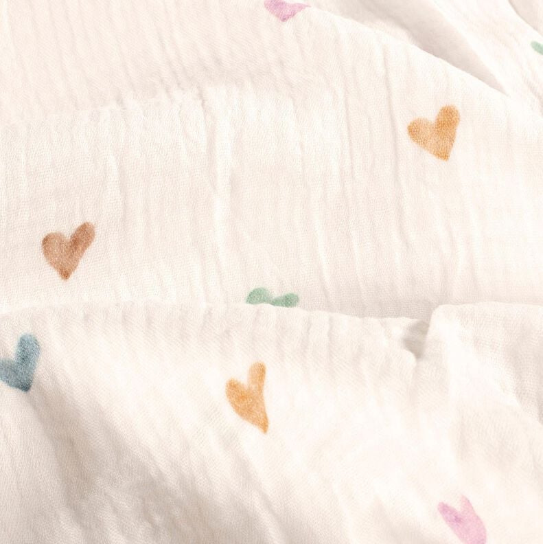 Muslin/Dubbel-krinkelväv färgglada hjärtan Digitaltryck – vit,  image number 2