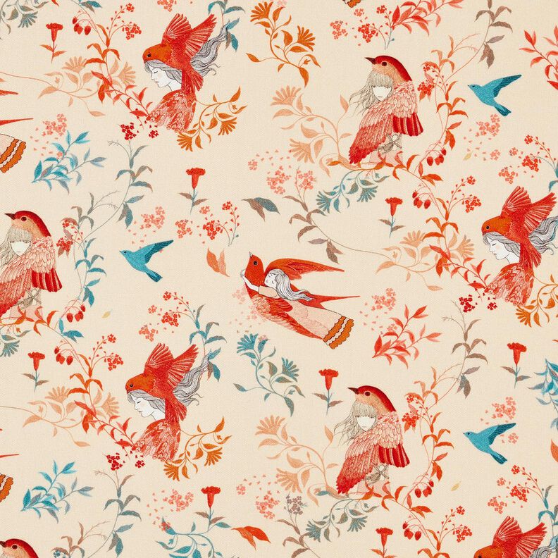 LENZING™ ECOVERO™ viskostyg Fåglar och älvor | Katia Fabrics – kräm/eldröd, image number 1