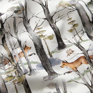 Bomullspoplin räv i skogen Digitaltryck – vit, 