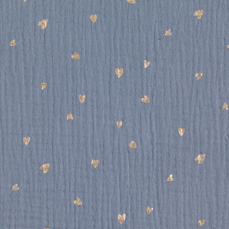 Muslin/Dubbel-krinkelväv Hjärtan Folietryck | by Poppy blågrått/guldmetallic,  image number 1