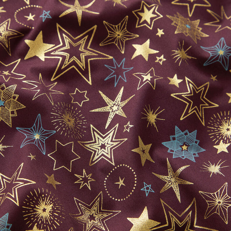 Bomullstyg Poplin Stora stjärnor – merlot/guld, image number 2