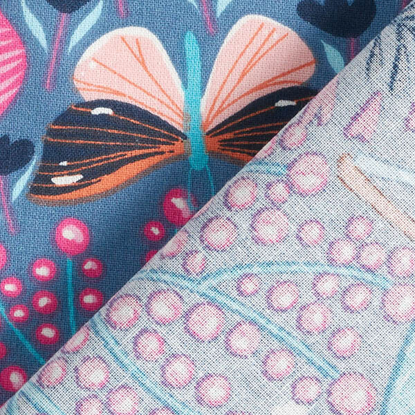 Bomullstyg Kretong fjärilar och blommor – blågrått/pink,  image number 4