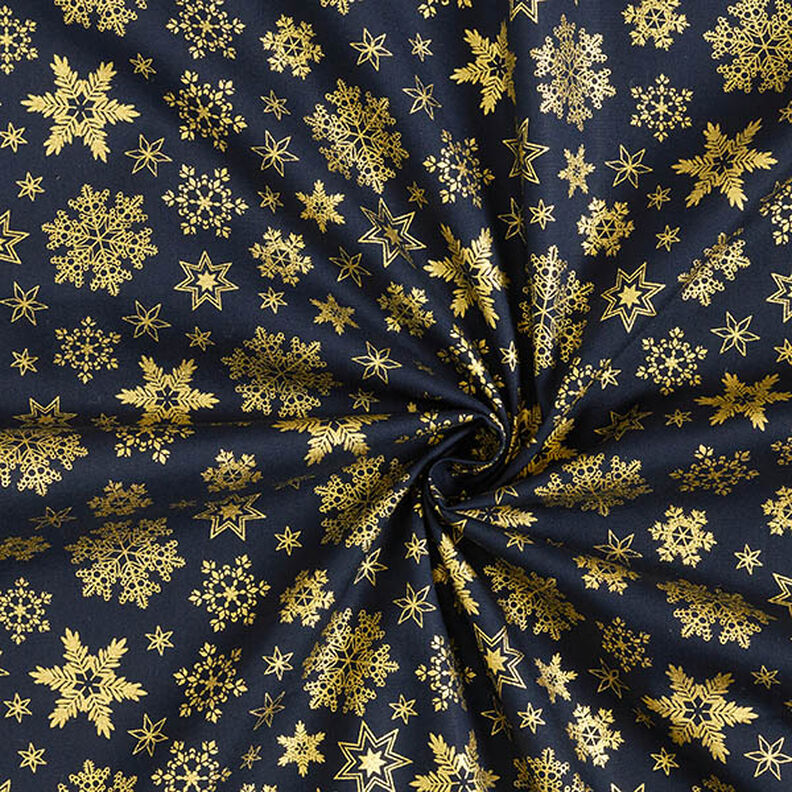Bomullstyg Poplin snökristaller – nattblå/guld, image number 3