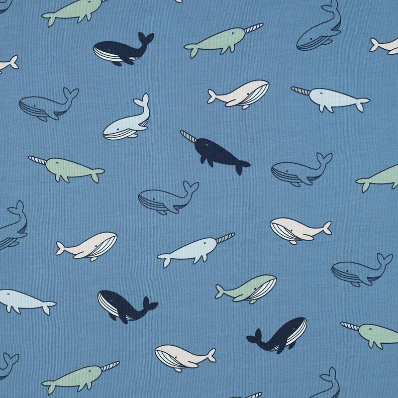 Bomullsjersey Söta valar | Poppy Fabrics – blågrått/marinblått,  image number 1
