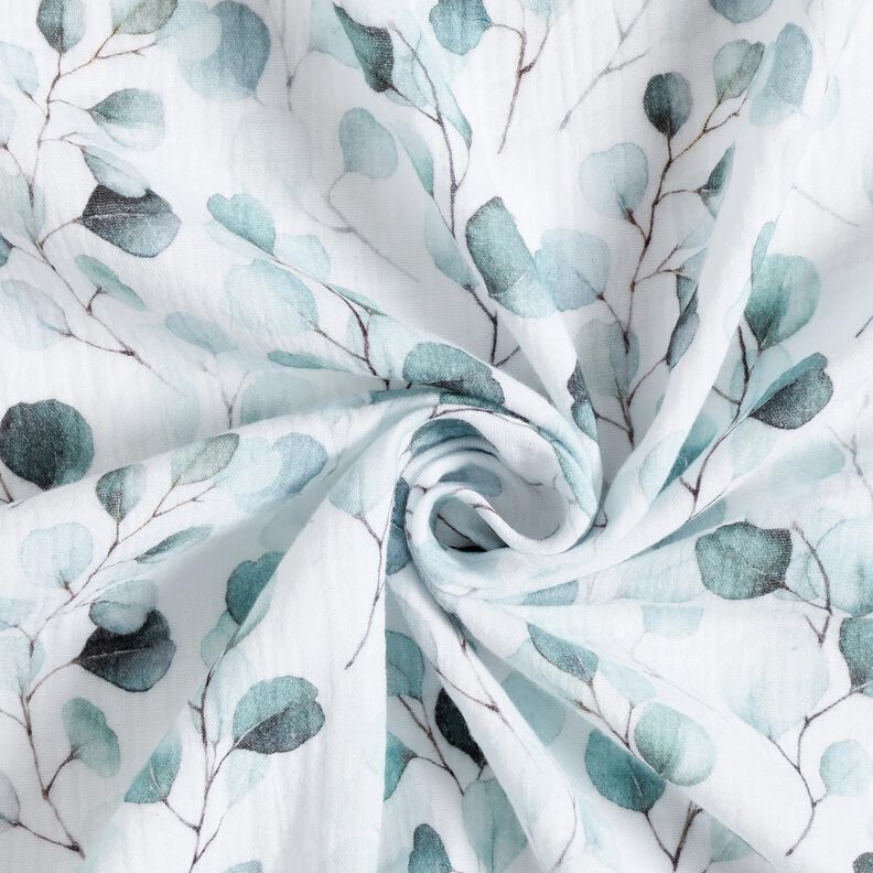 Muslin/Dubbel-krinkelväv Eukalyptusrankor i akvarell Digitaltryck – vit,  image number 3