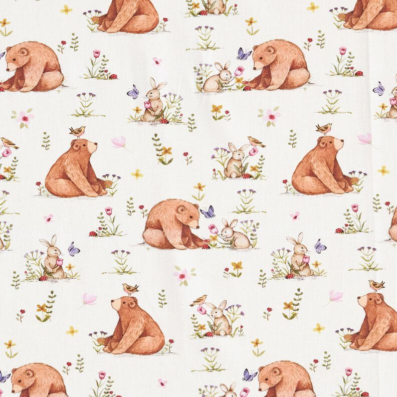 Bomullspoplin hare och björn Digitaltryck – elfenbensvit, image number 1