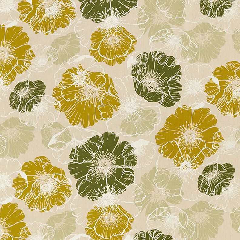 Dekorationstyg Halvpanama Imponerande blommor – gul oliv/natur,  image number 1