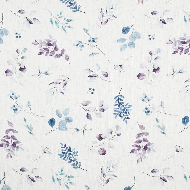 Muslin/Dubbel-krinkelväv Eukalyptusgrenar akvarell – yllevit/aquablått,  image number 1