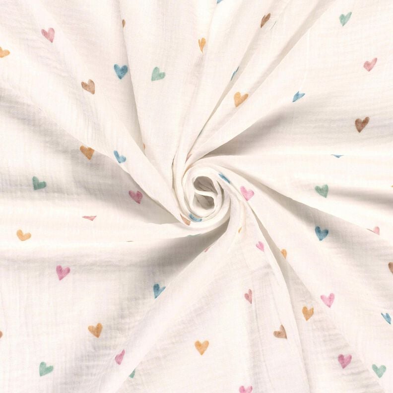 Muslin/Dubbel-krinkelväv färgglada hjärtan Digitaltryck – vit,  image number 3