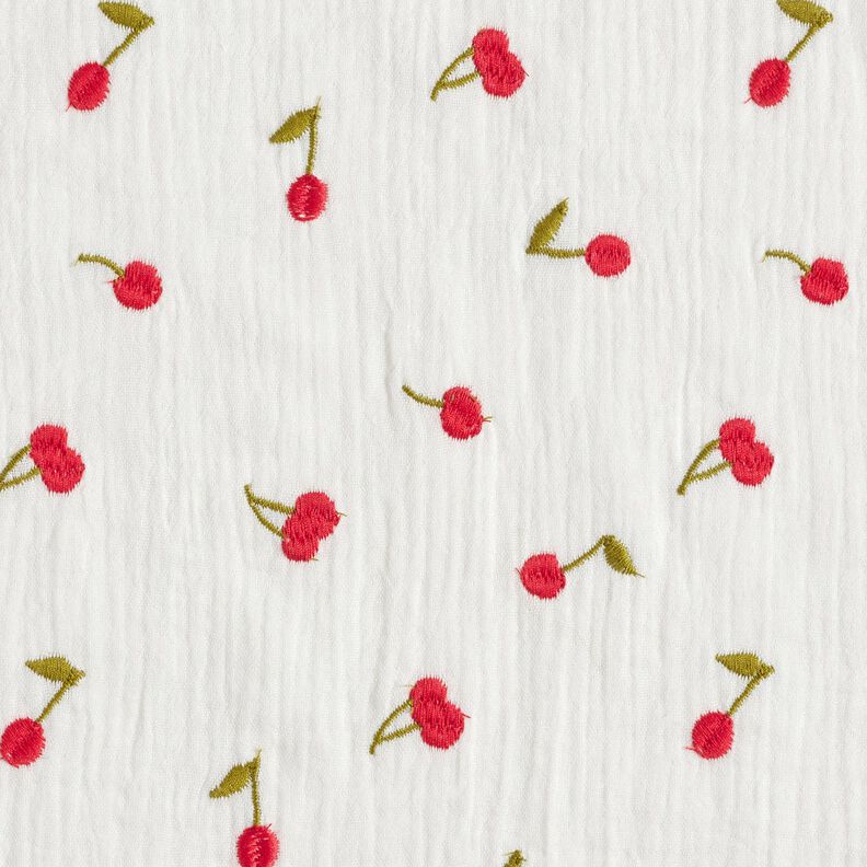 Muslin/Dubbel-krinkelväv Broderade körsbär | Poppy Fabrics – vit/eldröd,  image number 1