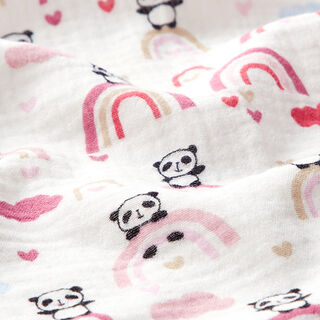 Muslin/Dubbel-krinkelväv Pandabjörnar på regnbågar – vit/rosa, 