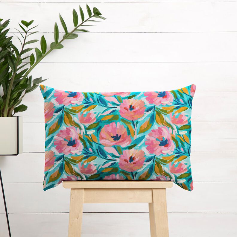 Dekorationstyg Bomullskypert målade blommor – rosa/turkos,  image number 7