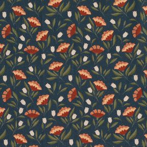 Bomullstyg Poplin filigranblommor – svartblå/terracotta, 
