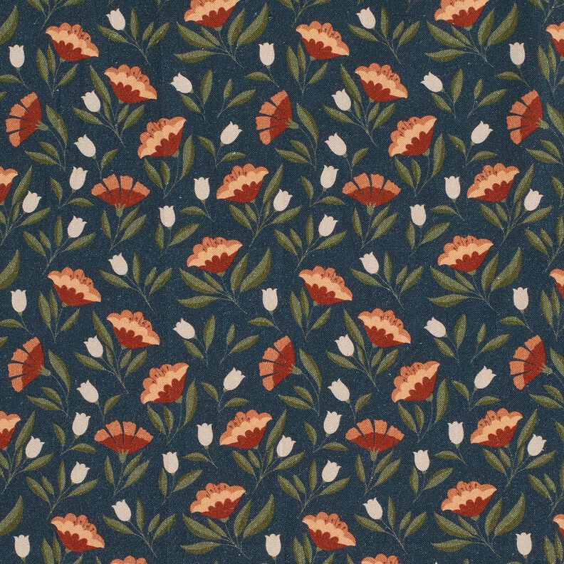 Bomullstyg Poplin filigranblommor – svartblå/terracotta, image number 1