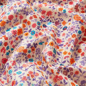 Bomullstyg Poplin färgglada blommor – ljusbeige/lavender, 