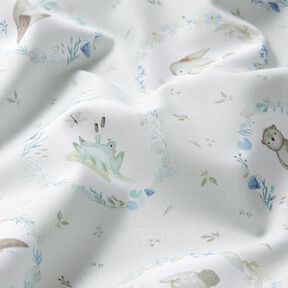 Bomullspoplin Djur i blomstercirkeln Digitaltryck – silvergrå/vit, 