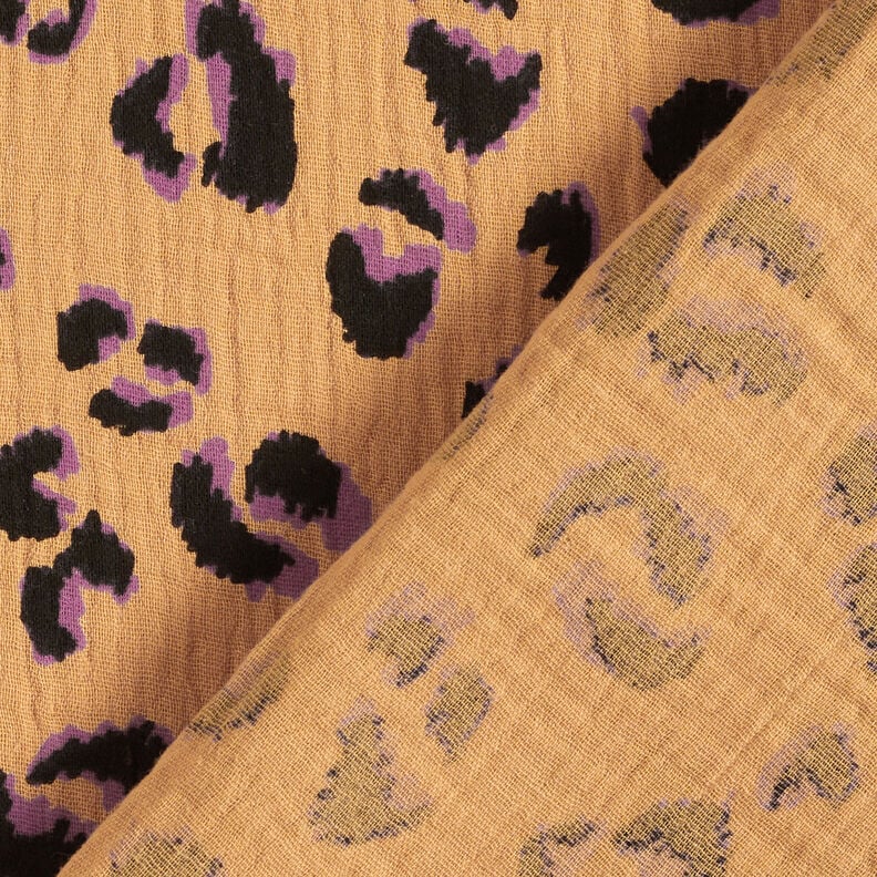 Muslin/Dubbel-krinkelväv Leopardmönster – gammalguld/rödlila, image number 4