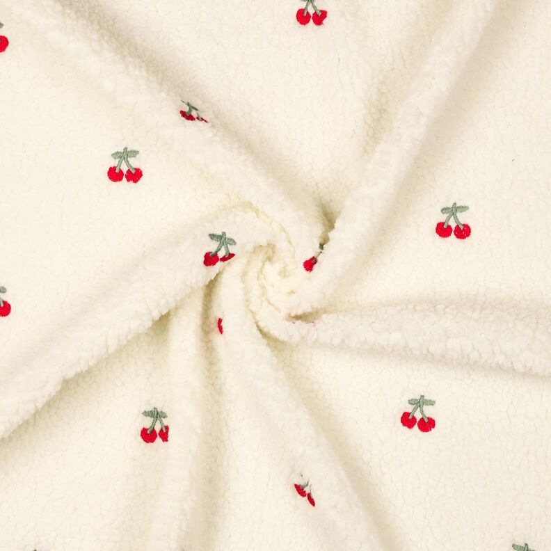 Teddyplysch broderade körsbär | Poppy Fabrics – elfenbensvit/chiliröd,  image number 3