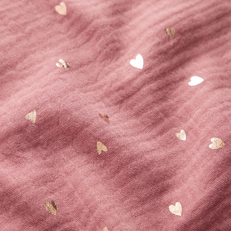 Muslin/Dubbel-krinkelväv Hjärtan Folietryck | by Poppy mörk gammelrosa/guldmetallic,  image number 3