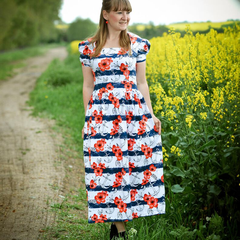 Bomullsjersey Ränder med blommor & ankare | Glitzerpüppi – vit/chiliröd,  image number 6