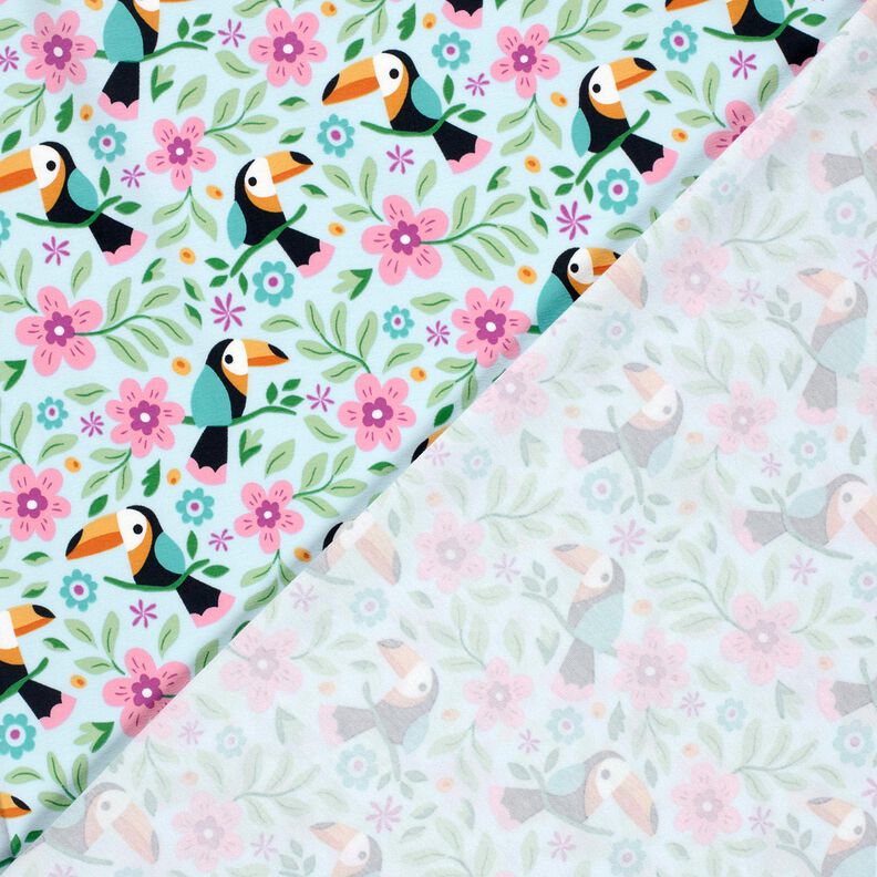 Bomullsjersey Tukaner i blomsterdjungeln – babyblått/brandgul,  image number 4