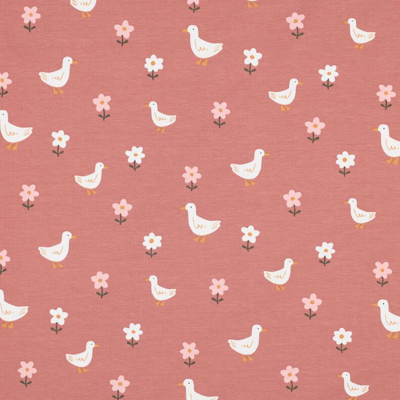 Bomullsjersey Gäss på blomsterängen | Poppy Fabrics – mörk gammelrosa/vit,  image number 1