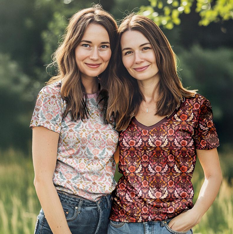 Bomullsjersey blommor Digitaltryck – bordeauxröd,  image number 5