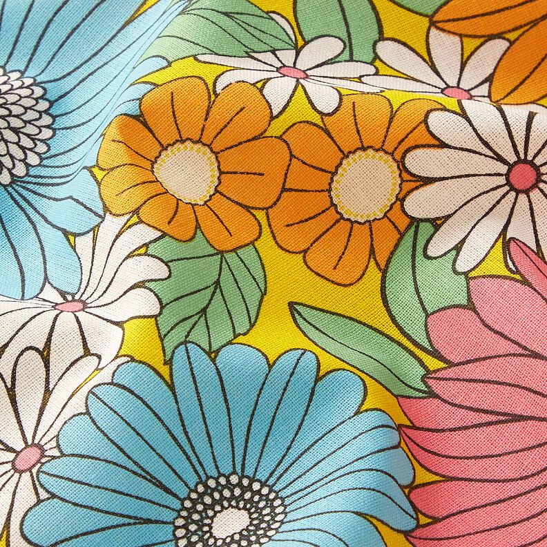 Bomullstyg Kretong stora retroblommor – turkos/solgult,  image number 2