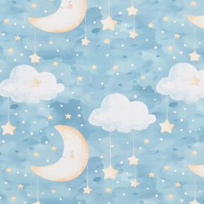 Dekorationstyg Bomullskypert Måne och stjärnor Digitaltryck – ljusblå, 