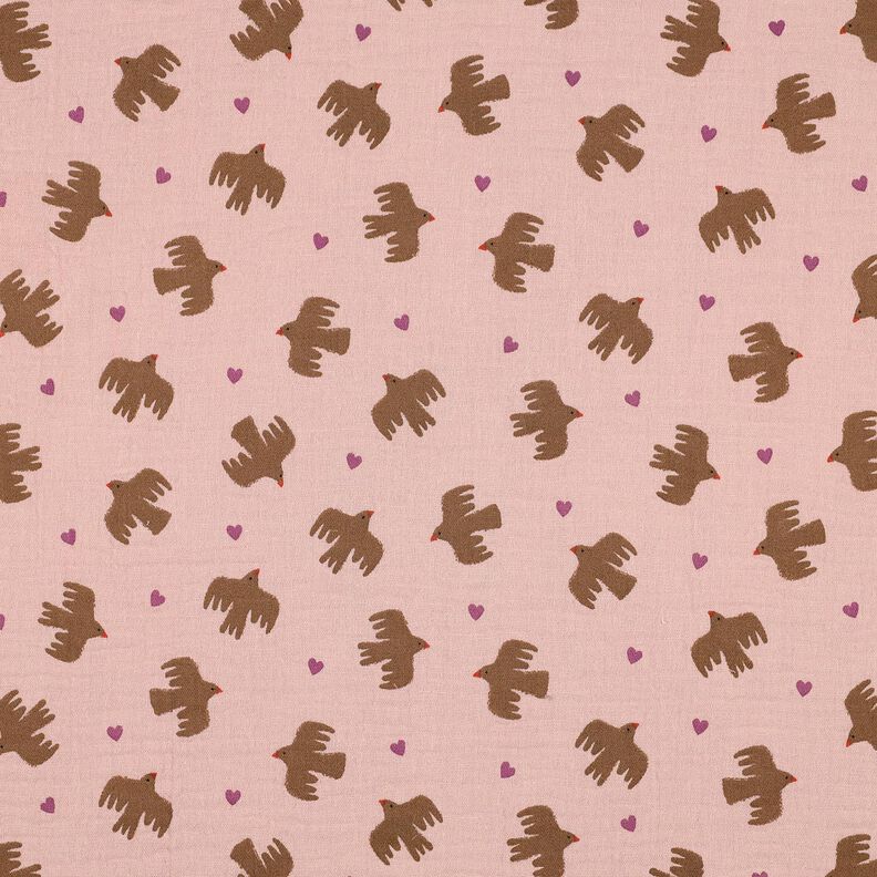 GOTS Muslin/Dubbel-krinkelväv Fåglar och hjärtan | Poppy Fabrics – gammalt rosa, image number 1