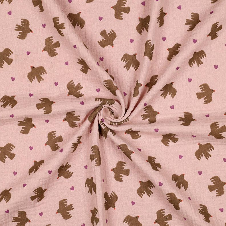 GOTS Muslin/Dubbel-krinkelväv Fåglar och hjärtan | Poppy Fabrics – gammalt rosa, image number 4