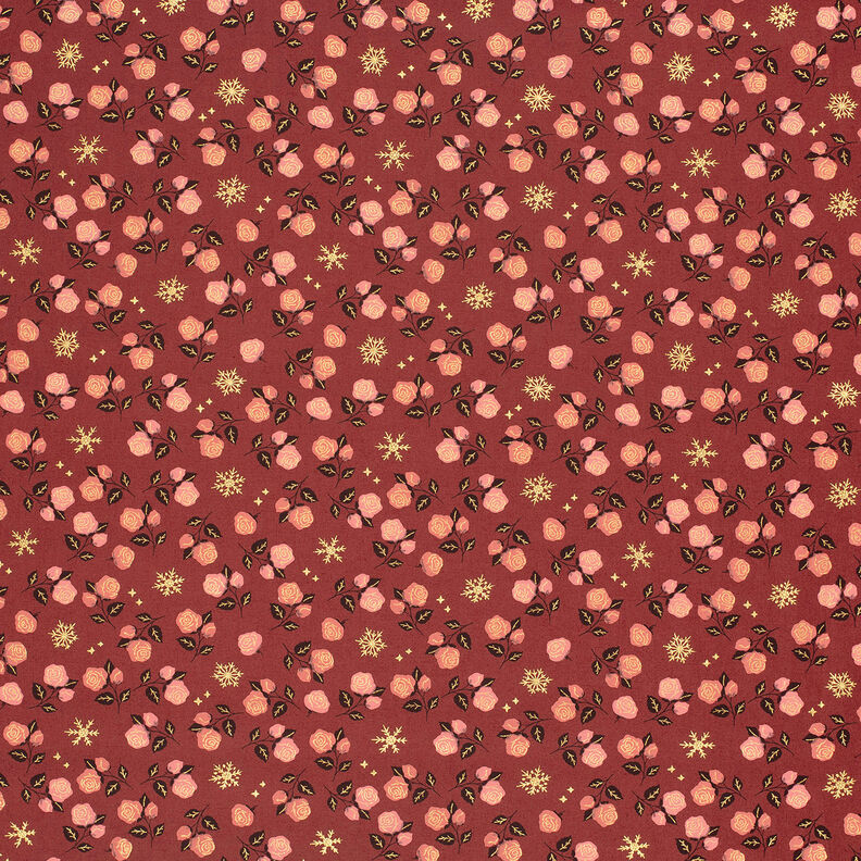 Bomullstyg Poplin Klassiska rosor – mörkröd/guld,  image number 6