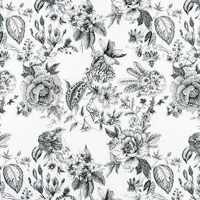 Dekorationstyg Halvpanama pittoreska blommor – vit/svart, 