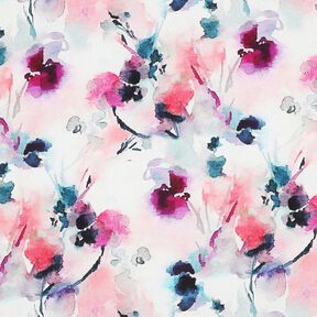 Viskostyg Abstrakta akvarellblommor digitaltryck – ljusrosa/turkos, 