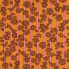 Bomullstyg Kretong Blommor på ränder – currygul/purpur, 