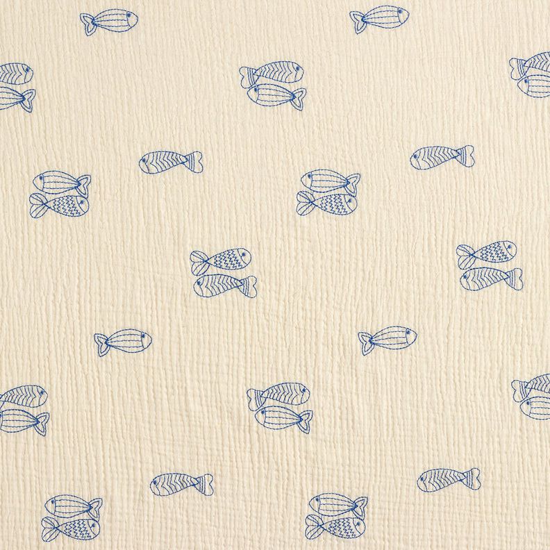 Muslin/Dubbel-krinkelväv Broderade fiskar | Poppy Fabrics – yllevit/kungsblått,  image number 1