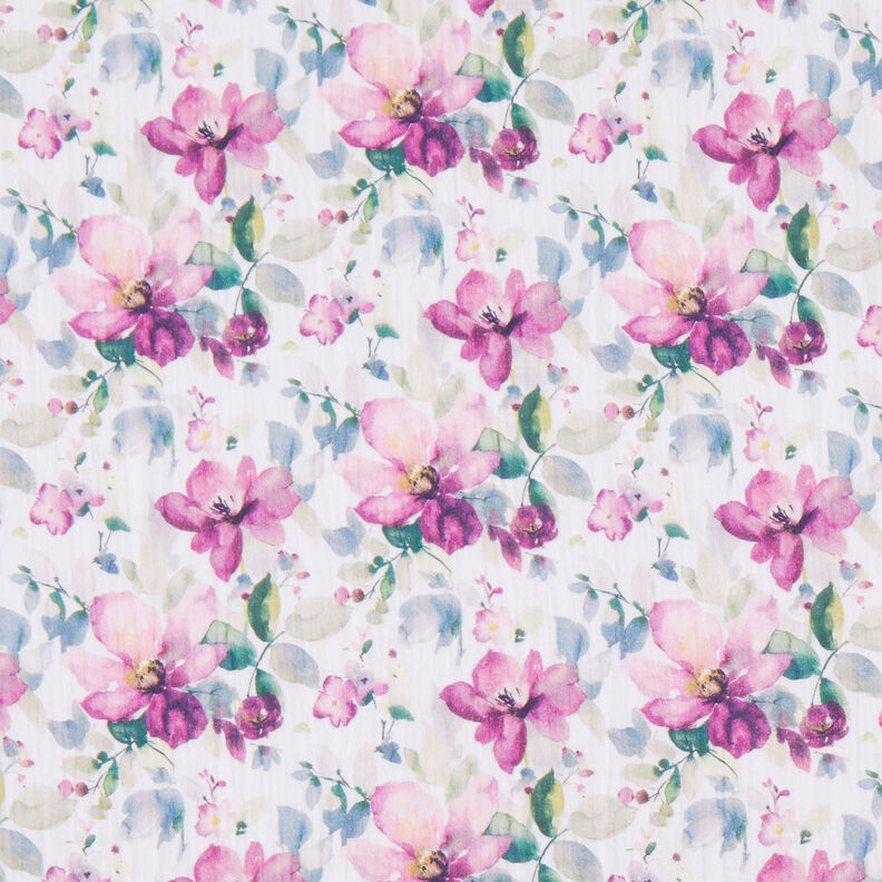 Muslin/Dubbel-krinkelväv Akvarellblommor Digitaltryck | by Poppy vit/purpur,  image number 1
