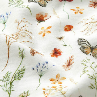 GOTS Muslin/Dubbel-krinkelväv blomsteräng med fjärilar Digitaltryck – yllevit, 