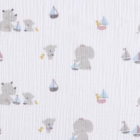 Muslin/Dubbel-krinkelväv Djur och småbåtar – vit/silvergrå, 