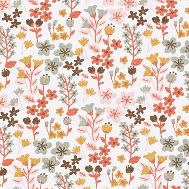 Bomullstyg Kretong Fina blommor – brandgul/vit,  image number 1