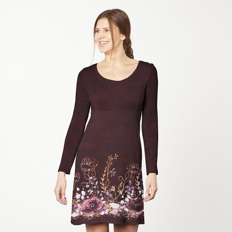 Bomullsjersey Brodyrtyg blommor i guldglitter | Glitzerpüppi – bordeauxröd/pastellfläder, image number 6
