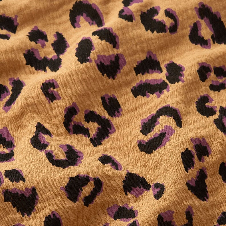 Muslin/Dubbel-krinkelväv Leopardmönster – gammalguld/rödlila, image number 2