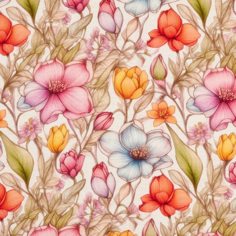 Viskos-linne-mix Blommor och rosenrankor – natur/eldröd, image number 1