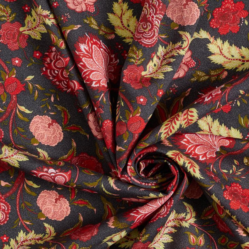 Viskostyg Paisley-blommor – antracit/eldröd,  image number 3