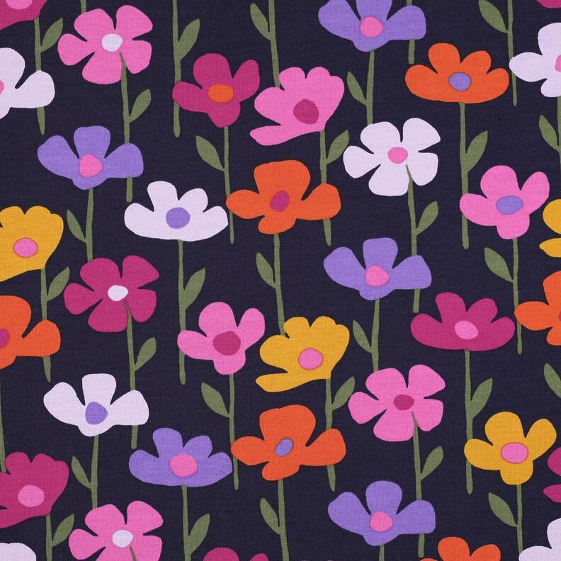 French Terry Sommarsweat färgglada blommor | Poppy Fabrics – marinblå, image number 1